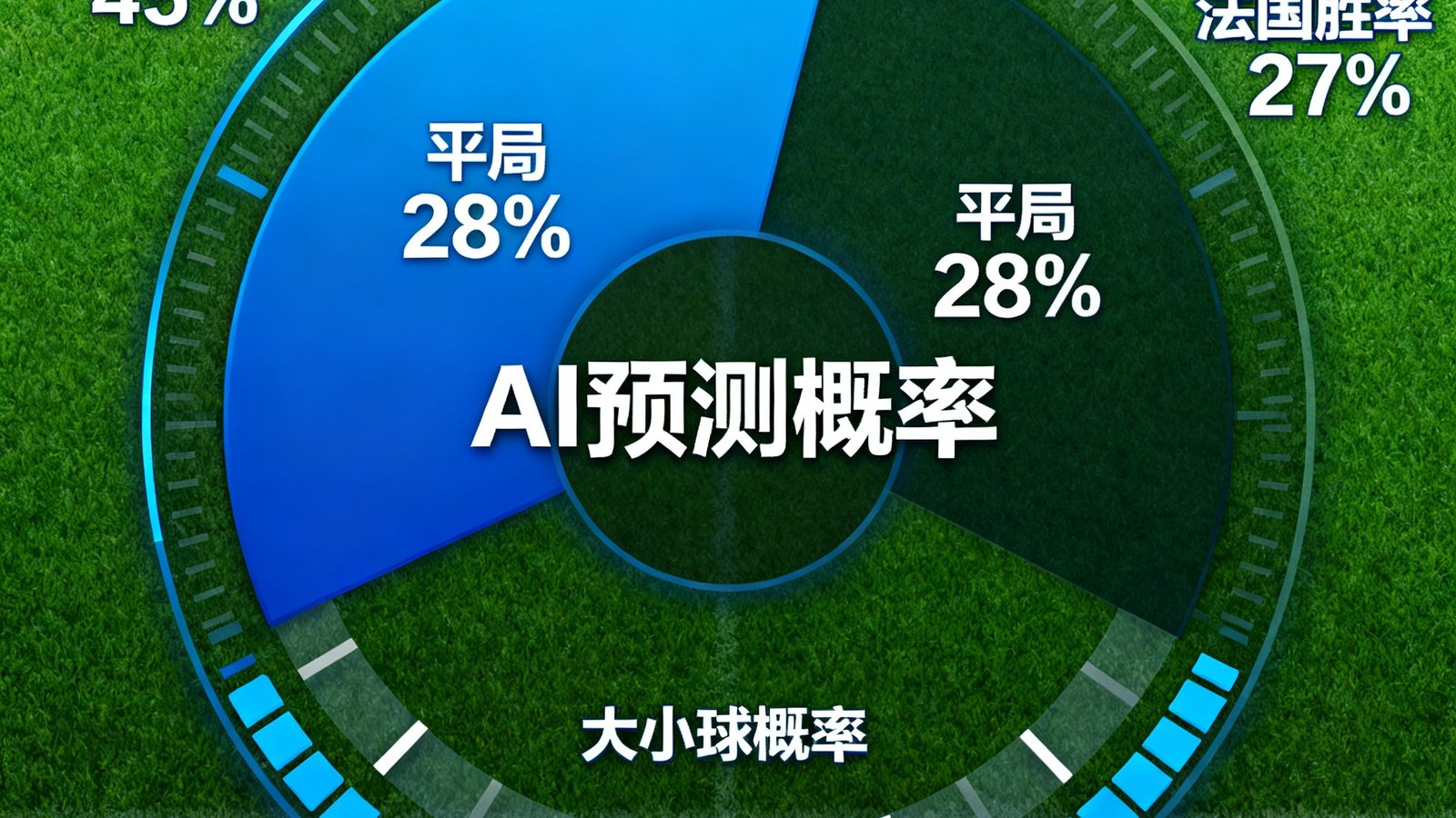 AI预测概率仪表盘显示阿根廷胜率45%，平局28%，法国胜率27%以及大小球概率